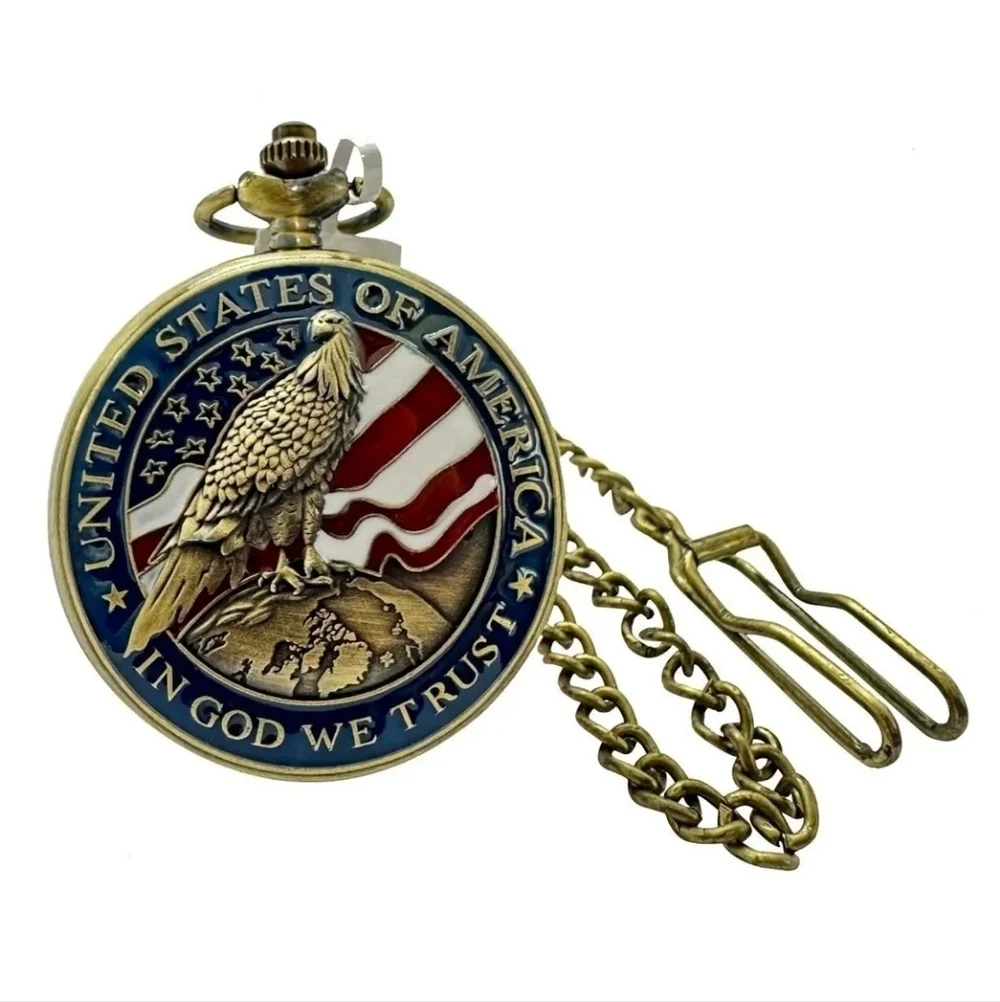 Invicta 49008 Gold Tone Pocket Watch Red White Blue American Flag Eagle Enamel